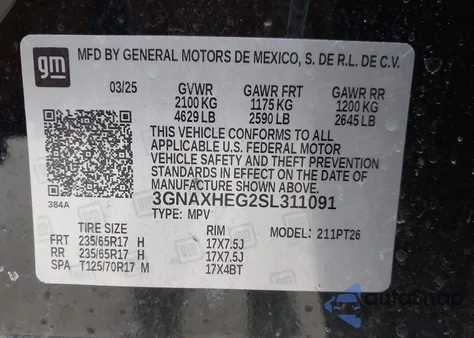 2025 Chevrolet Equinox Fwd Lt from USA, damaged, VIN 3GNAXHEG2SL311091